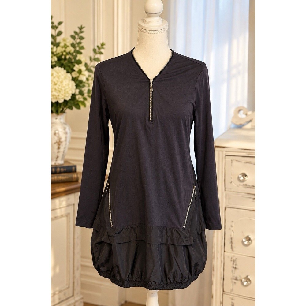 Comfy USA Sara Tunic Dress, Black, Bubble Elastic hem, Pockets, Zippers, Small